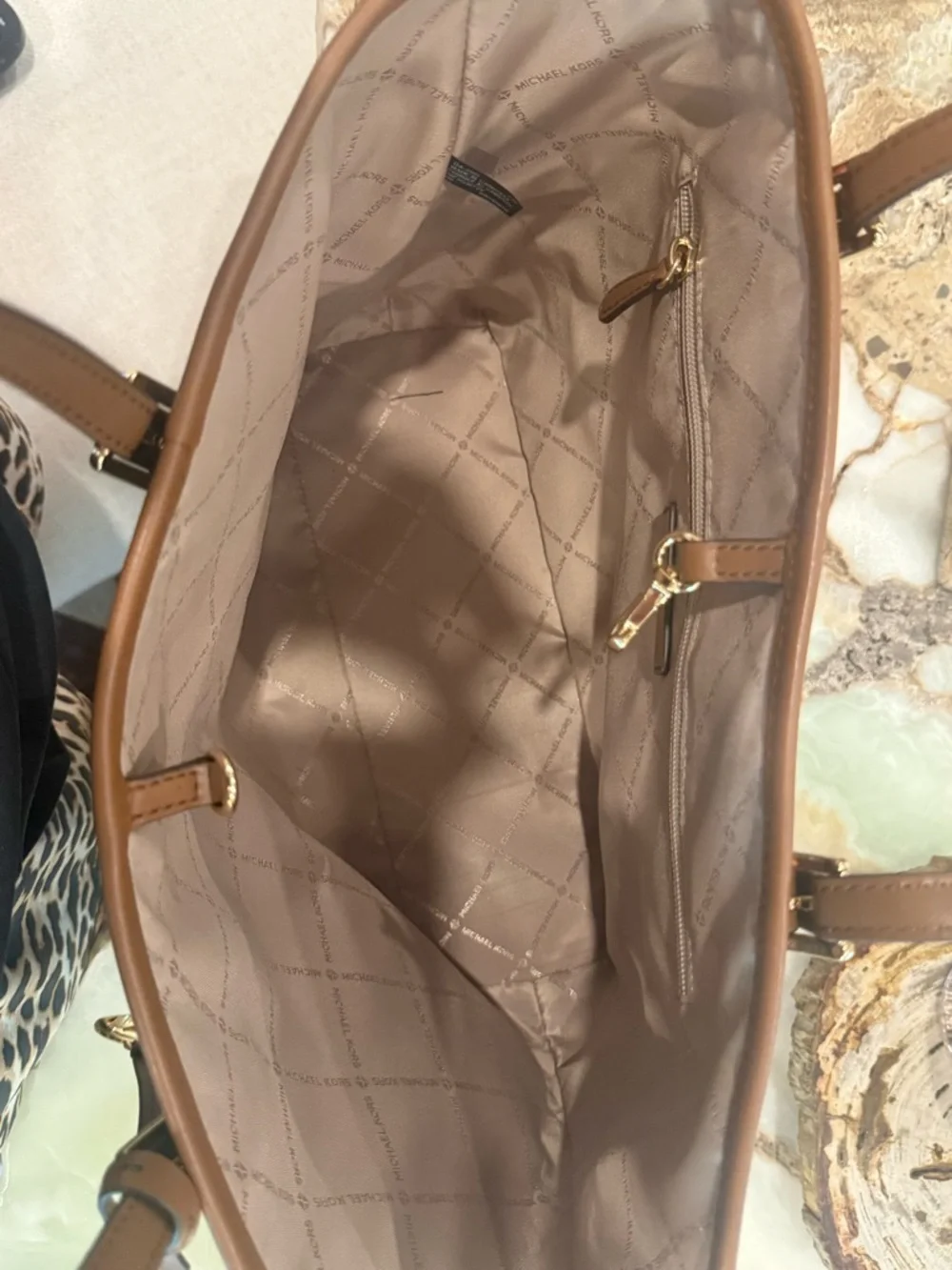 Michael Kors Jet Set Travel Tote Brown Logo Varsity Letter Print Bag NWOT - Picture 7 of 11